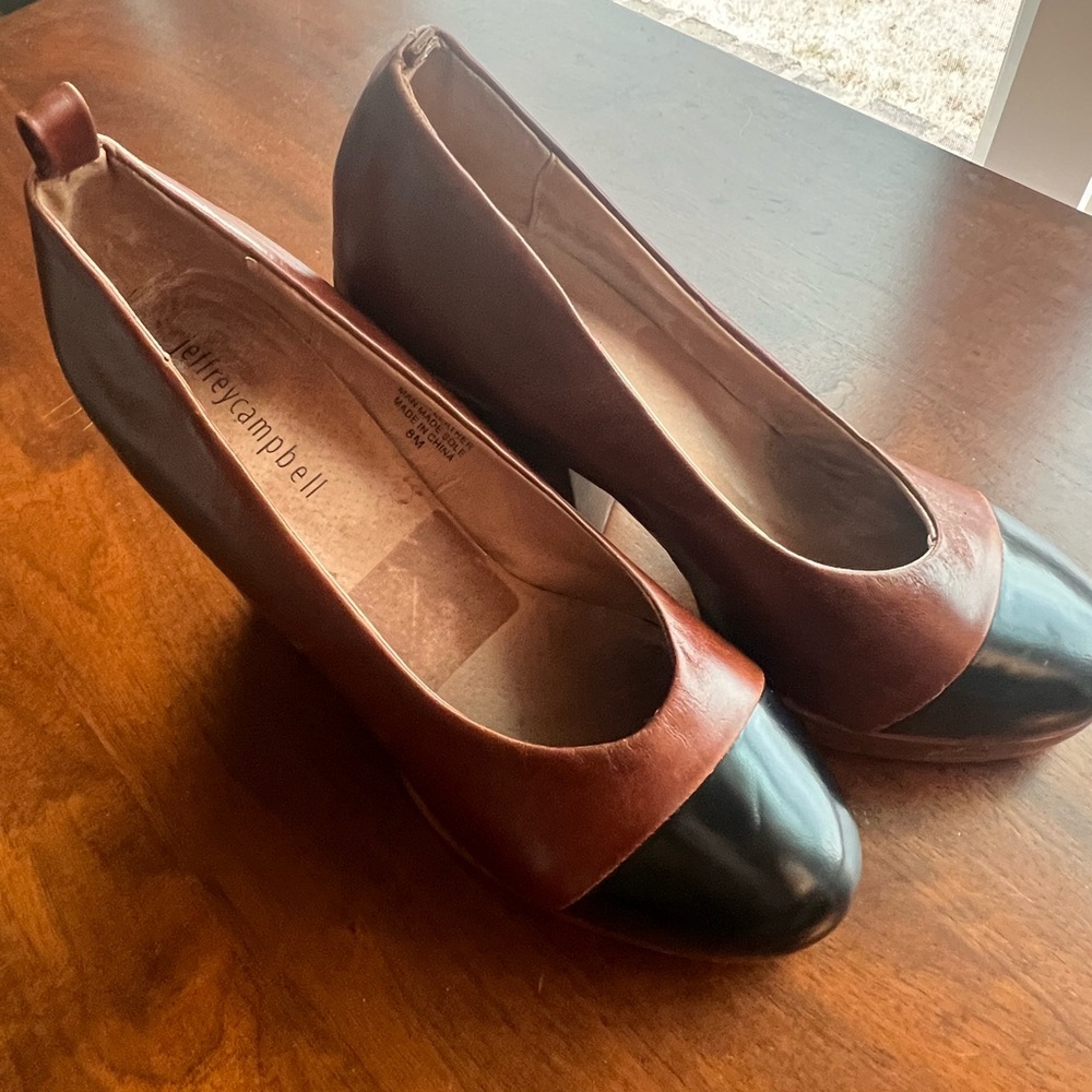 Jeffrey Campbell Brown Leather Platform Pumps with Black Cap Toe - Picture 3 of 8